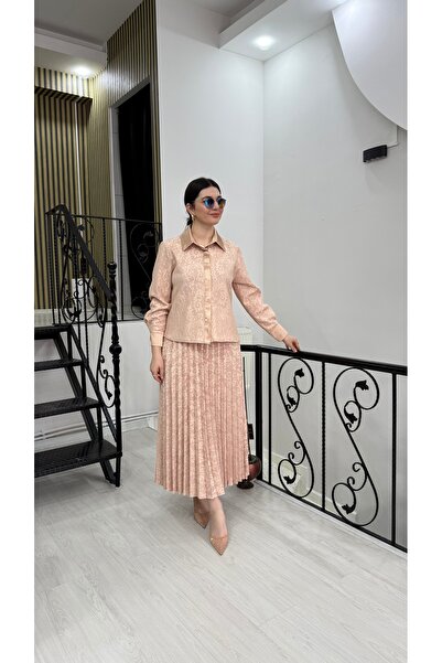 Line Pudra dantelli gömlek beli lastikli uzun etek ikili takım