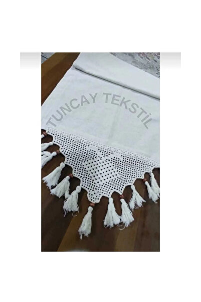 TUNCAY TEKSTİL Linen Coffee Table Table Top Cloth - Hand Lace and Tasseled Runner, Ranir CoverBuldanWork