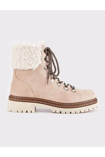 Cabani Genuine Leather Beige Lace-up Zippered Women's Casual Boots