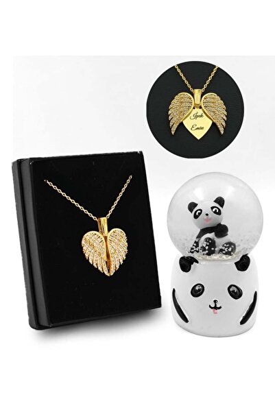 keyfim shop Sevimli Panda Kar Küresi & Kişiye Özel Melek Kanatlı Kolye Hediye...