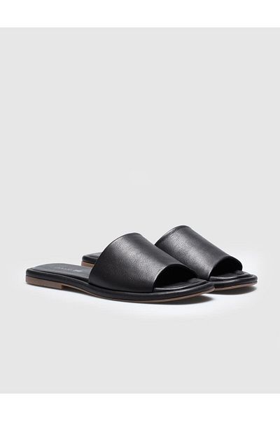 Cabani Genuine Leather Black Women's Flat Slippers