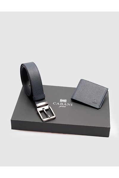 Cabani 100% Genuine Leather Navy Blue Men's Belt - Wallet Set