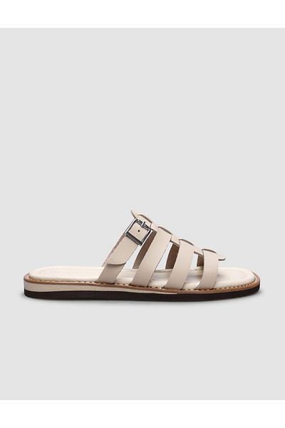 Cabani 100% piele naturală, bej, cu cataramă laterală, papuci plat pentru femei