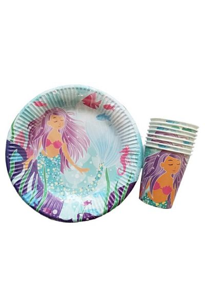 Bkmc Mermaid Themed Cardboard Plate Cup 8 Person Birthday