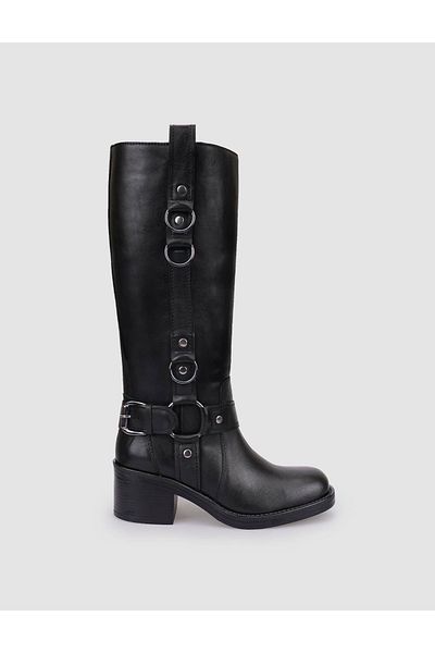Cabani 100% Genuine Leather Black Buckle Detailed Women's Boots