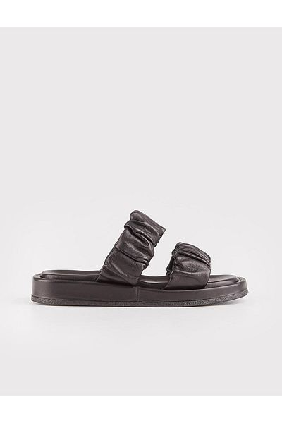 Cabani Double Striped Genuine Leather Black Women's Slippers
