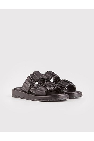 Cabani Double Striped Genuine Leather Black Women's Slippers