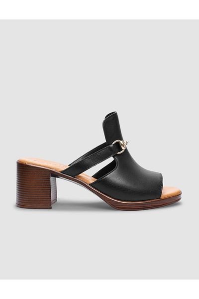 Cabani 100% Genuine Leather Black Women's Thick Heeled Slippers