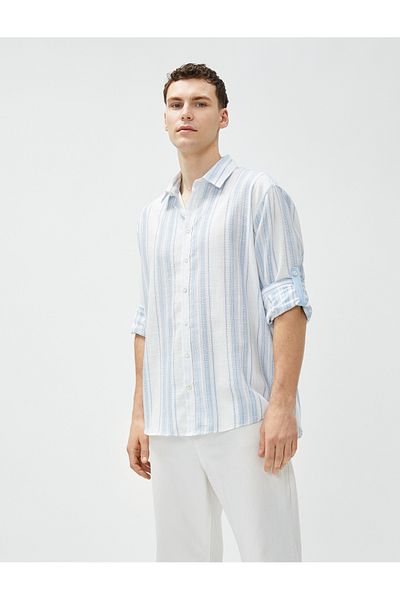 Koton Men's Navy Blue Striped Shirt