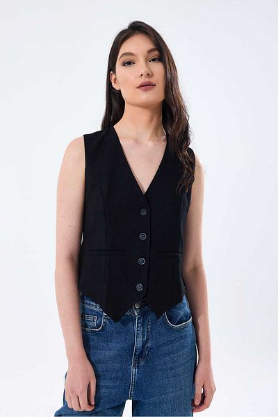 yeditepe fashion V-Neck Black Linen Women's Vest