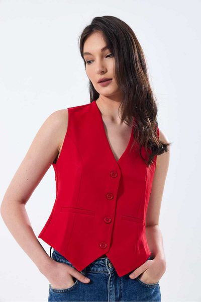 yeditepe fashion Red Women's V-Neck Stylish Woven Vest