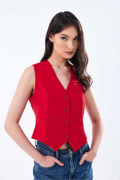 yeditepe fashion Red Women's V-Neck Stylish Woven Vest