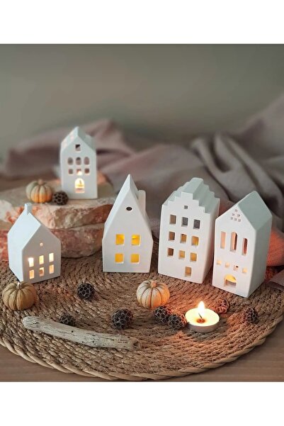 Bautinq Store 5’li Ev Tealight Beton Mumluk Seti Beyaz Dekoratif Beton Obje