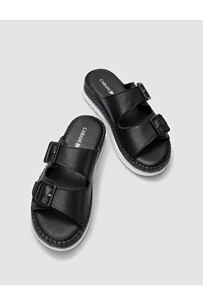 Cabani Papuci de damă 100% din piele naturală neagră cu cataramă dublă