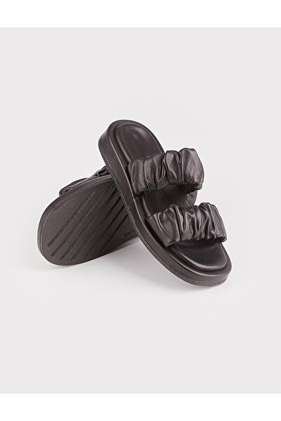 Cabani Çift Bantlı Hakiki Deri Siyah Kadın Terlik