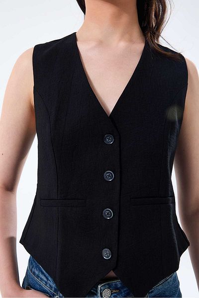 yeditepe fashion V-Neck Black Linen Women's Vest