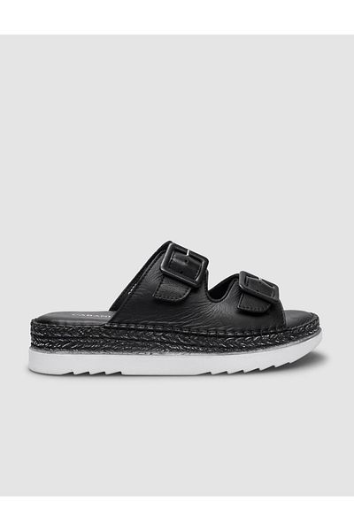 Cabani 100% Genuine Leather Black Double Buckle Women's Slippers