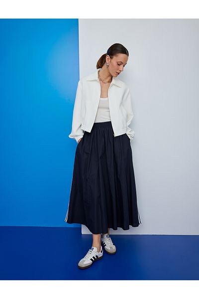 Koton Cotton Side Striped Pocket Midi Length Flared Skirt