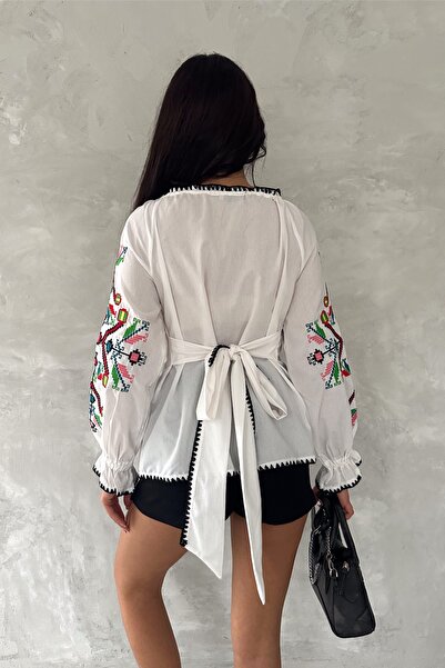 FEMELLE Women's White Waist Tie Embroidered Cotton Blouse