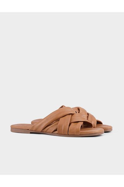 Cabani Genuine Leather Tan Women's Slippers with Cross Straps