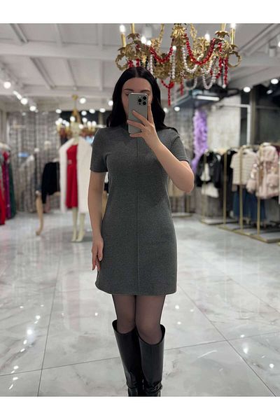 missswans Μαλακό μίνι φόρεμα Anthracite Melange Viya - ίσιο κόψιμο, κοντό μανίκι