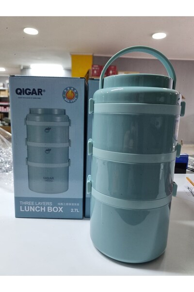 Tantitoni 3 Katlı Paslanmaz Çelik Yuvarlak Yemek Taşıma Kabı 2.7 lt Mavi