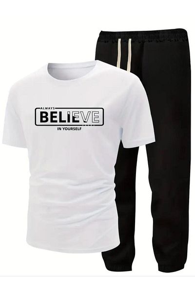Medinenur Believe Text Printed T-shirt Φούτερ Jogger Comfortable Fit Μαύρο Σετ φούτερ