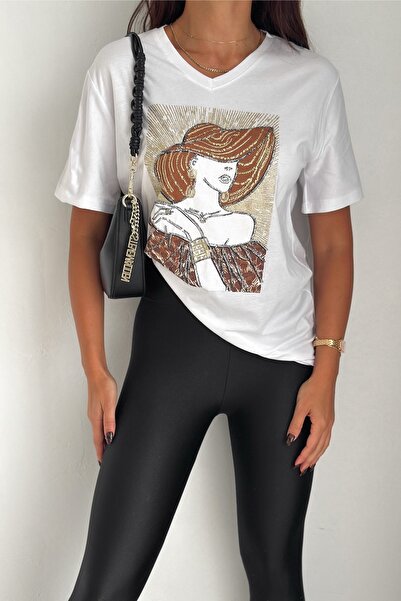 FEMELLE Women's White V-Neck Large Size Hat Women's Sequin Sequin Embroidered 100% Cotton T-Shirt