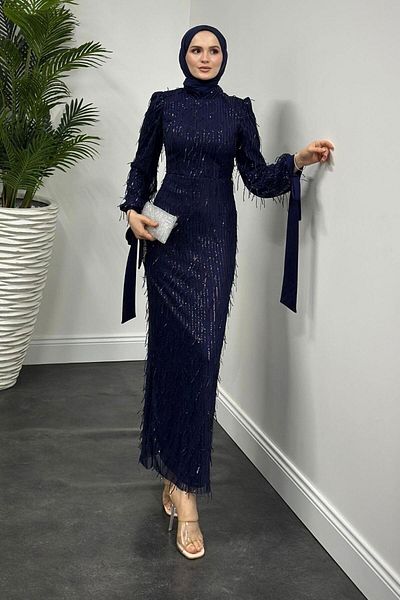 MERVEN AKYÜZ Βραδινό φόρεμα με μολύβι με παγιέτες Navy Blue Alena