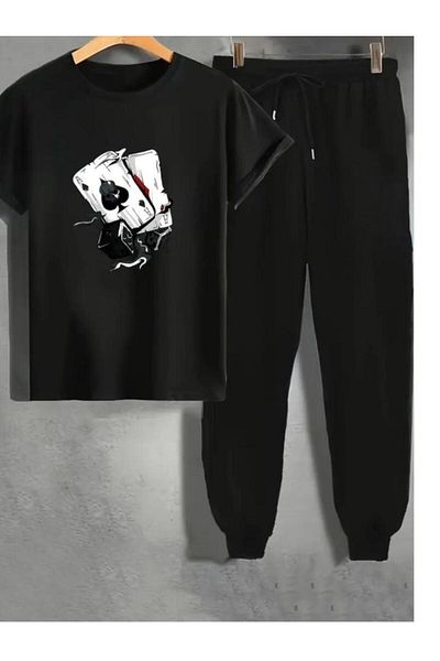 Medinenur Μπλουζάκι με στάμπα με ζάρια Φούτερ Jogger Comfortable Fit Μαύρο Σετ αθλητικής φόρμας