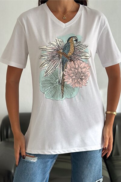 FEMELLE Women's White V-Neck Plus Size Parrot Pattern Sequin Sequin Embroidered 100% Cotton T-Shirt