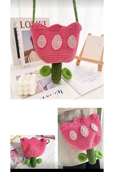 Kadın Girişimciler Atölyesi Pembe&Mor 2'li Lale Desenli Tarz 3D El Emeği Örgü Handmade Niş El Çantası Genç Arkadaş Paketi