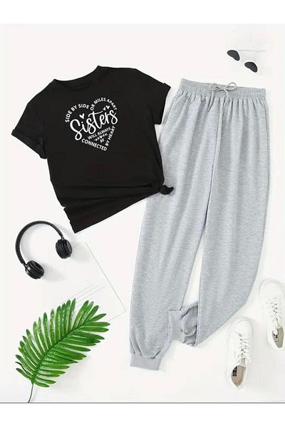Medinenur Σετ αθλητικών φόρμας Sister Text Printed Black Jogger - Άνετο μπλουζάκι και παντελόνι