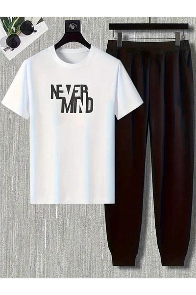 Medinenur Νεότερο μπλουζάκι με στάμπα Mind Φούτερ Jogger Άνετη φόρμα μαύρη φόρμα