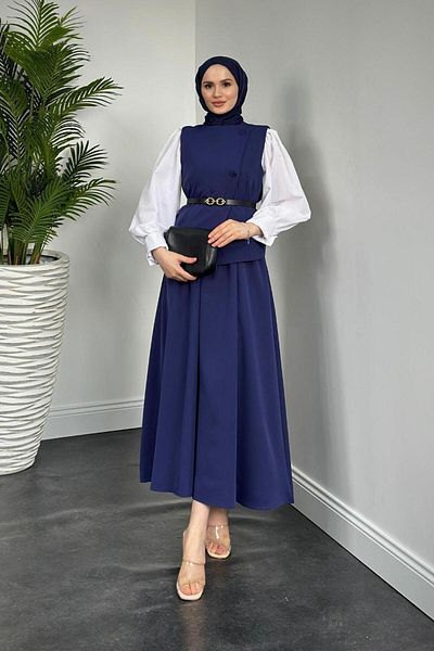 MERVEN AKYÜZ Armando Navy Blue Vest and Skirt Set - Belted