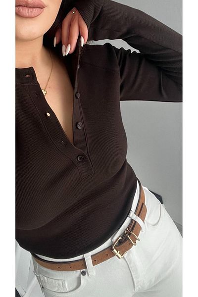 Oslove Bitter Brown Ribbed Italian Sleeve Blouse