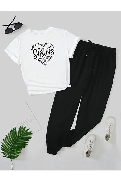 Medinenur Σετ αθλητικών φόρμας Sister Text Printed Black Jogger - Άνετο μπλουζάκι και παντελόνι