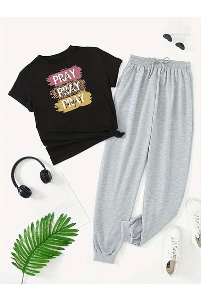 Medinenur Σετ αθλητική φόρμα Pray Text Printed Black Jogger - Άνετη εφαρμογή