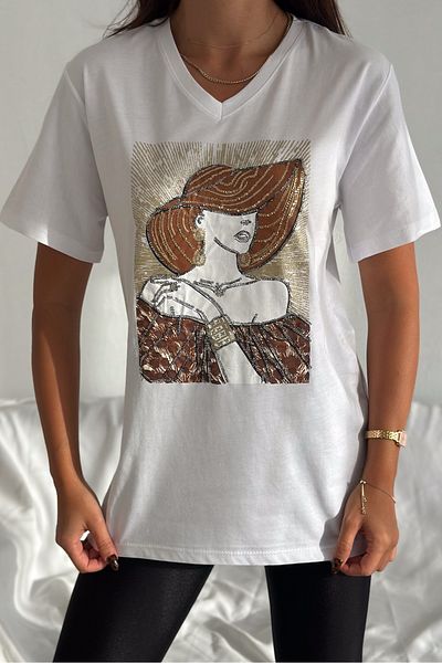 FEMELLE Women's White V-Neck Large Size Hat Women's Sequin Sequin Embroidered 100% Cotton T-Shirt