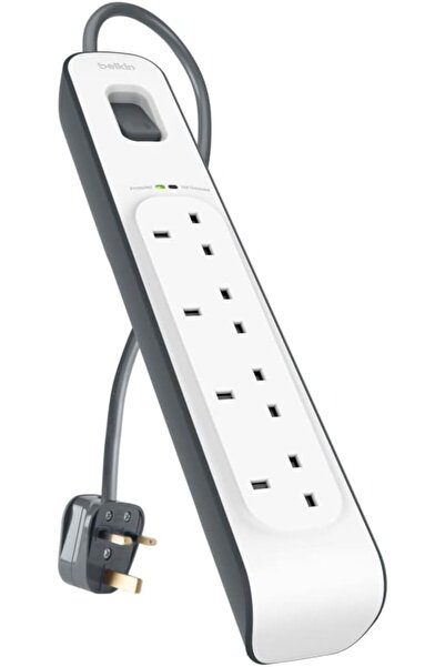 Belkin شريط تمديد حماية من زيادة التيار الكهربائي بأربعة منافذ مع سلك طاقة بطول 2 متر