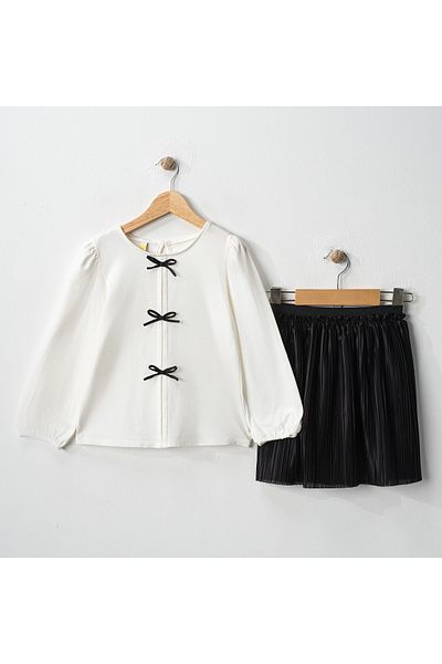 DFN Pleated Hem Bow Detailed Blouse Set