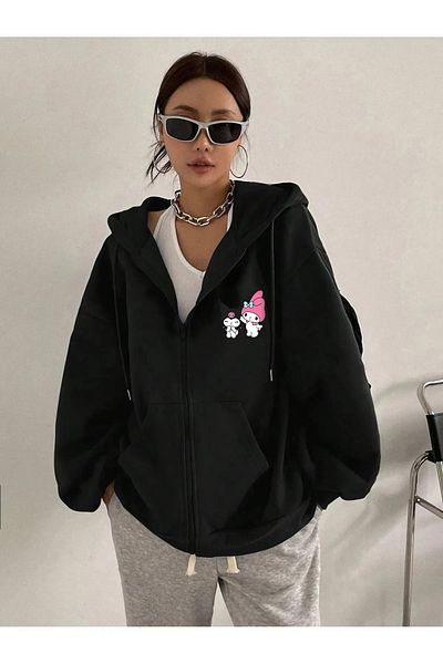 makiteks Hello Kitty Kuromi με στάμπα με κουκούλα καγκουρό με τσέπη Oversize εποχιακή φούτερ με φερμουάρ / ζακέτα