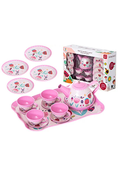 welcomein Toy Dollhouse Game Activity 15 Pieces Colorful Metal Tea Set with Flowers