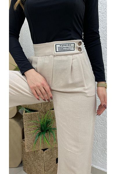 Nazline Women's Belt Detailled Pleated Wide Leg Long Pants