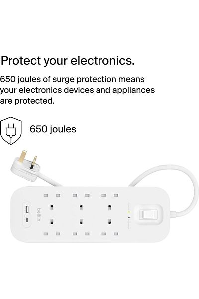 Belkin 6-outlet Surge Protector 18W USB-A & USB-C Ports 2M cord