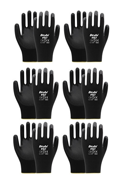 Beybi PN7 Nitril Kaplamalı Polyester Siyah İş Eldiveni 6 Çift -Gıda Uyumlu, Dayanıklı İşçi Eldiveni