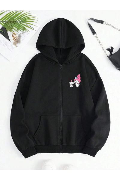 makiteks Hello Kitty Kuromi με στάμπα με κουκούλα καγκουρό με τσέπη Oversize εποχιακή φούτερ με φερμουάρ / ζακέτα