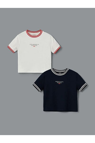 LC Waikiki Lcw Kids Ecru Crew Neck Girls' Crop T-Shirt 2-Piece