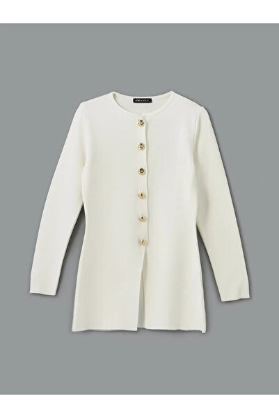 LC Waikiki Modest Ecru Damen-Strickjacke mit Rundhalsausschnitt