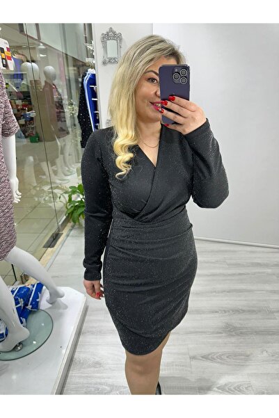 SBUTİK Siyah Parlak Drapeli Simli Çelik Örme Kruvaze Elbise bkt 281015-2